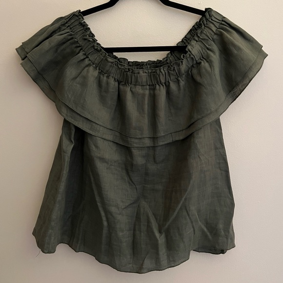 Young Fabulous & Broke Tops - Young Fabulous & Broke Green Off the Shoulder Linen Top Size S